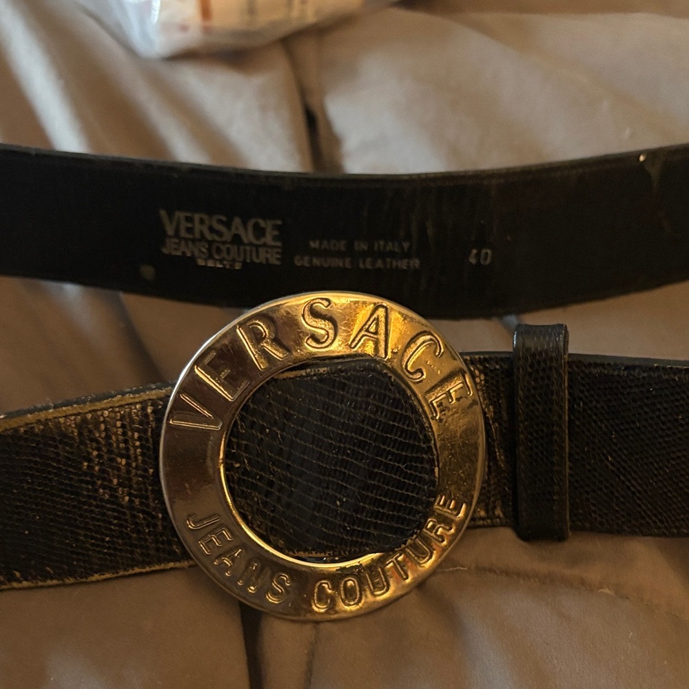 Versace Jeans Couture Black Leather Belt with silver Round Logo Buckle
